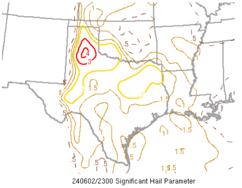 Alt text: Image of the Significant Hail Parameter on June 2, 2024.